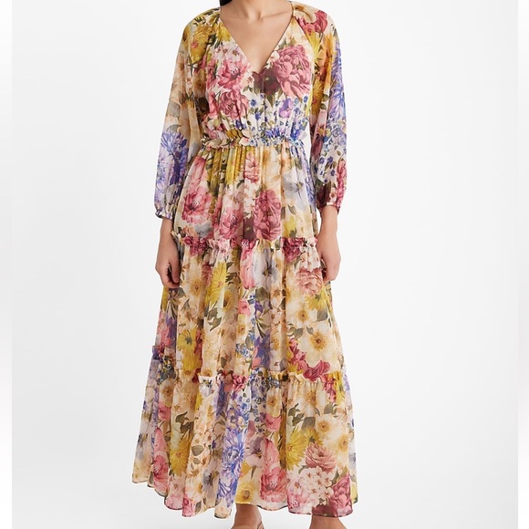 NWT Express XL Multi Floral V-Neck Long-sleeve Tiered Ruffle Maxi Dress - Picture 6 of 6